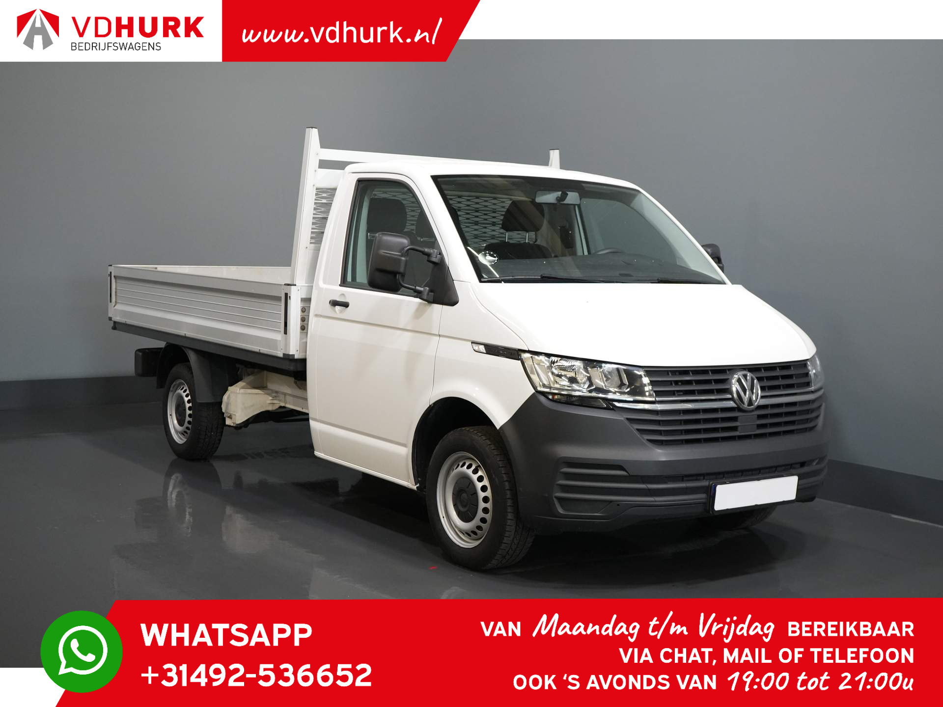 Volkswagen Transporter T6.1 2.0 TDI 110 pk L2 340 Open laadbak/ pick up/ Pritsche/ 290x193/ Standkachel/ Stoelverw./ 2.5t Trekverm./ Cruise/ Airco/ Trekhaak/ Pick up