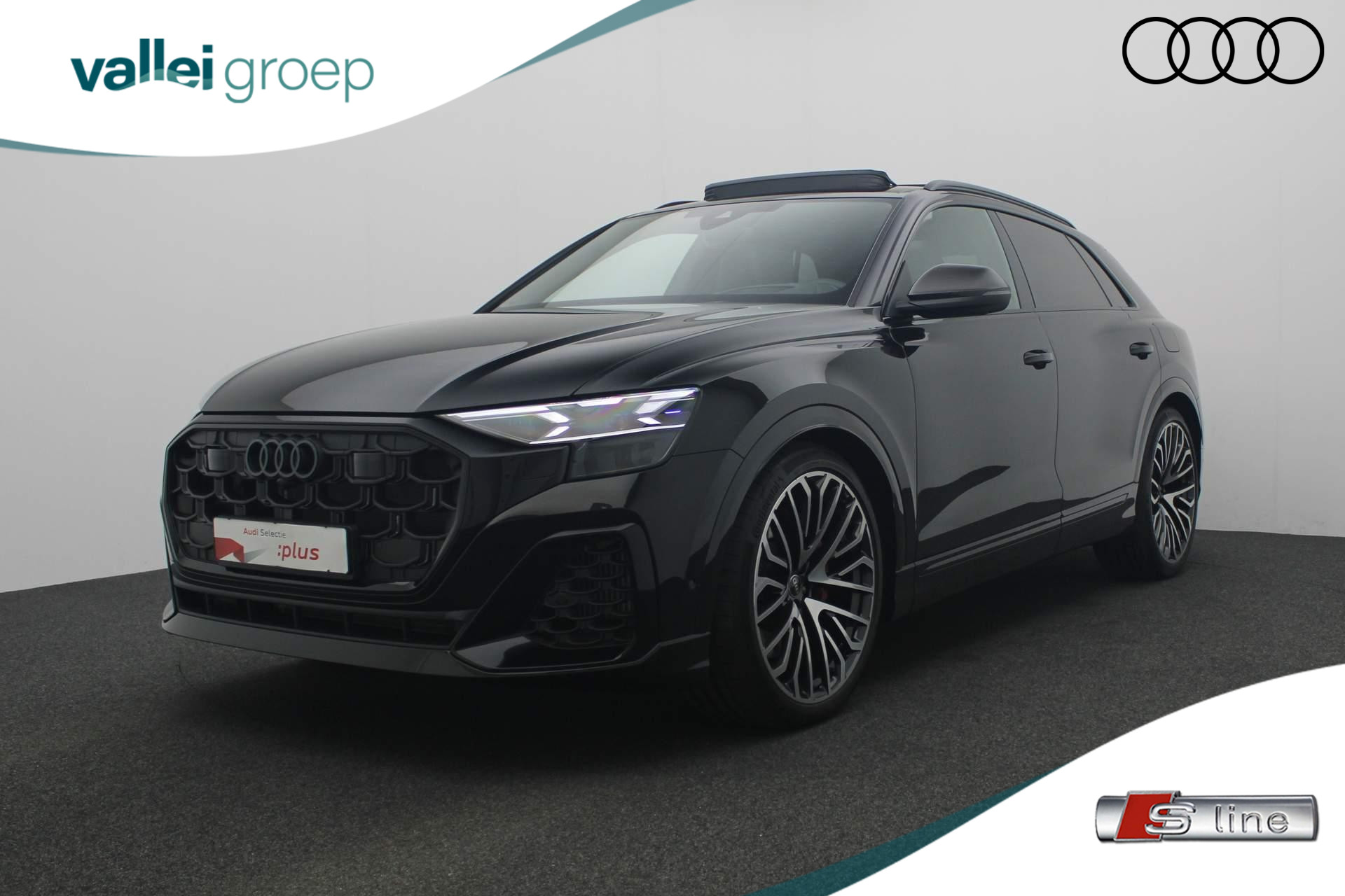 Audi Q8 60 TFSI e 490PK tiptronic quattro Pro Line S Competition | Pano | Vierwielbesturing | Alcantara hemel | B&O 3D | Laser LED | Trekhaak | 23 inch | Carbon inleg | Valcona leer | Carbon spiegelkappen